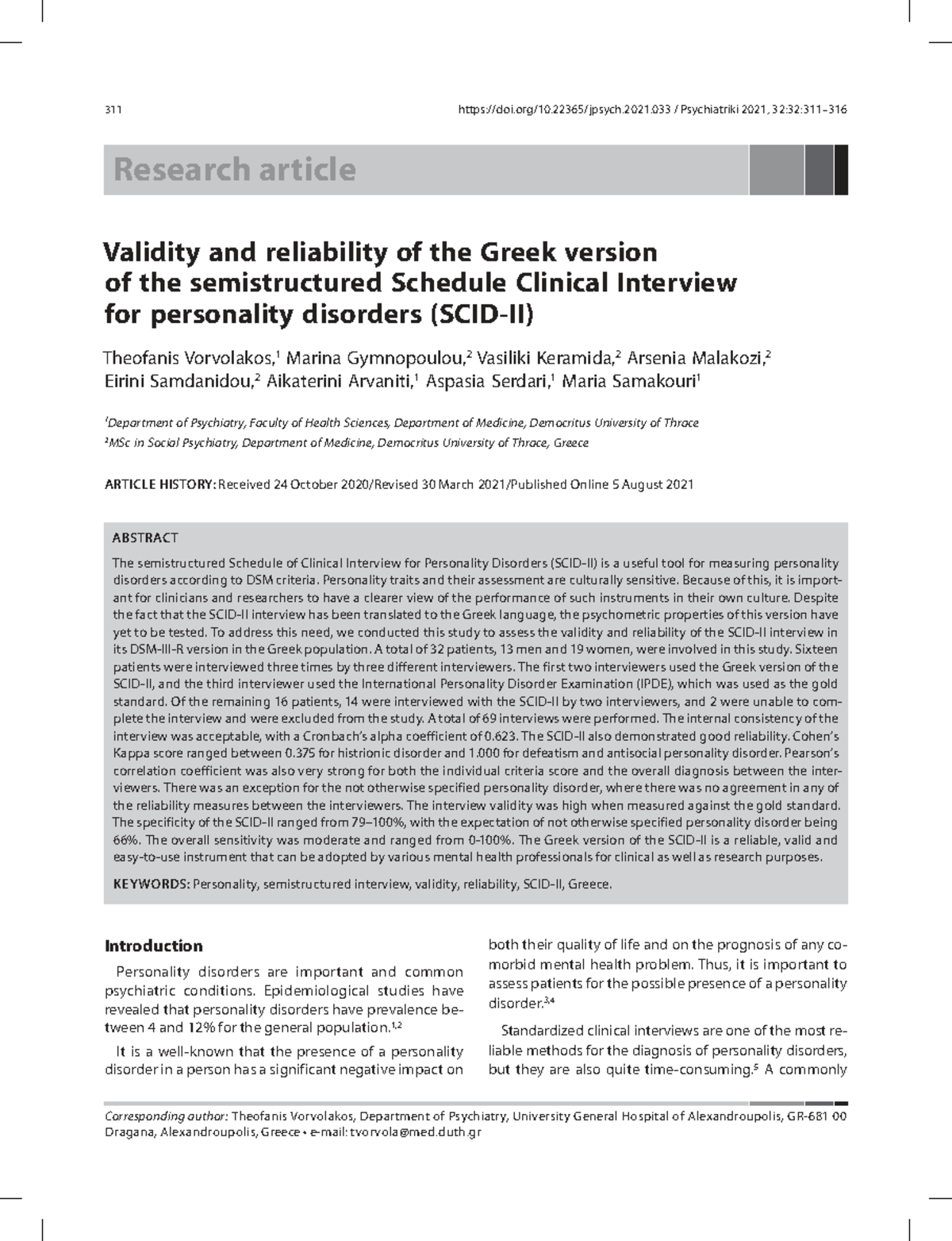 Validity and Reliability of the Greek Version of SCID-II for ...