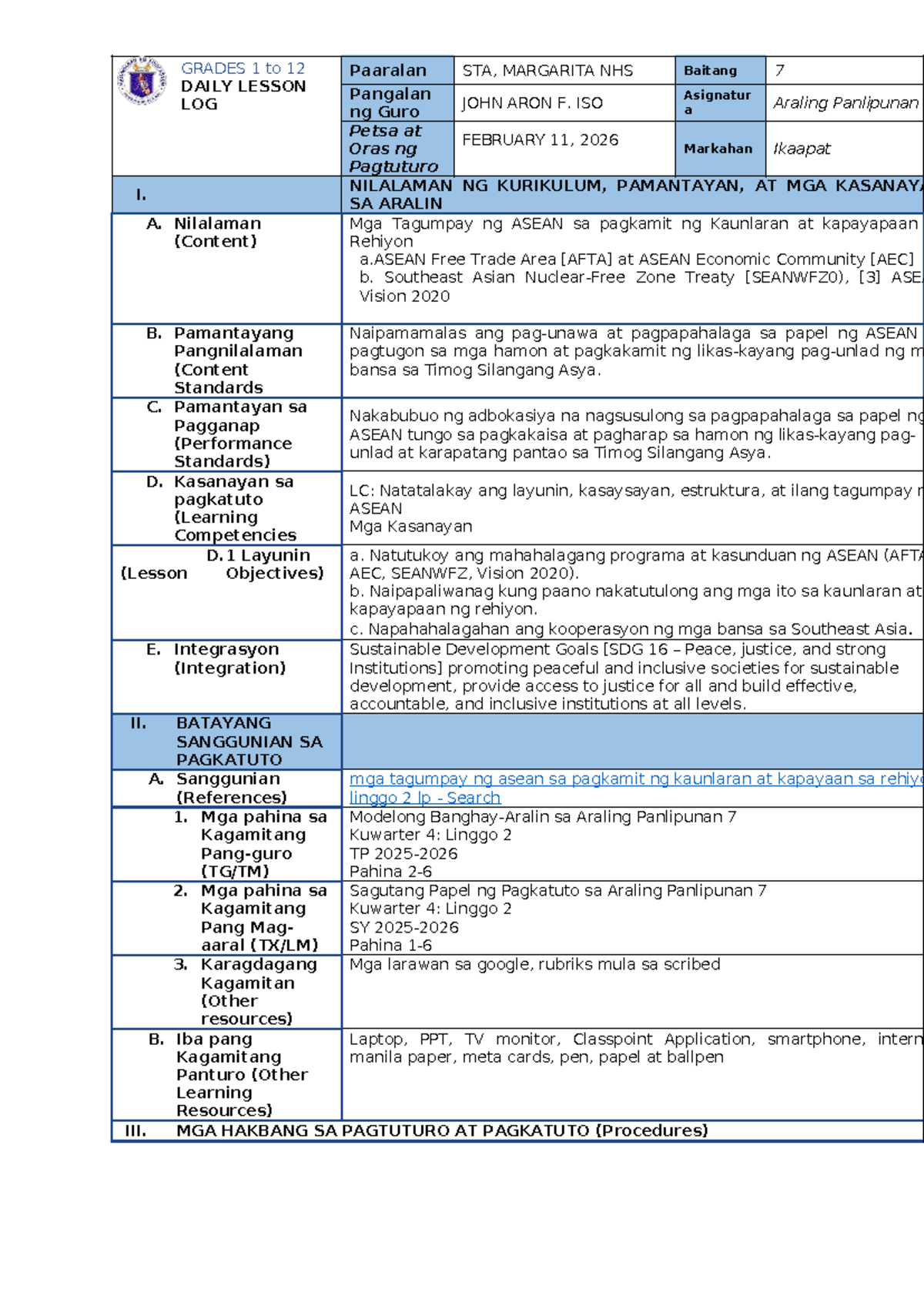LP 11-12: Daily Lesson Plan on ASEAN Achievements and Goals - Studocu