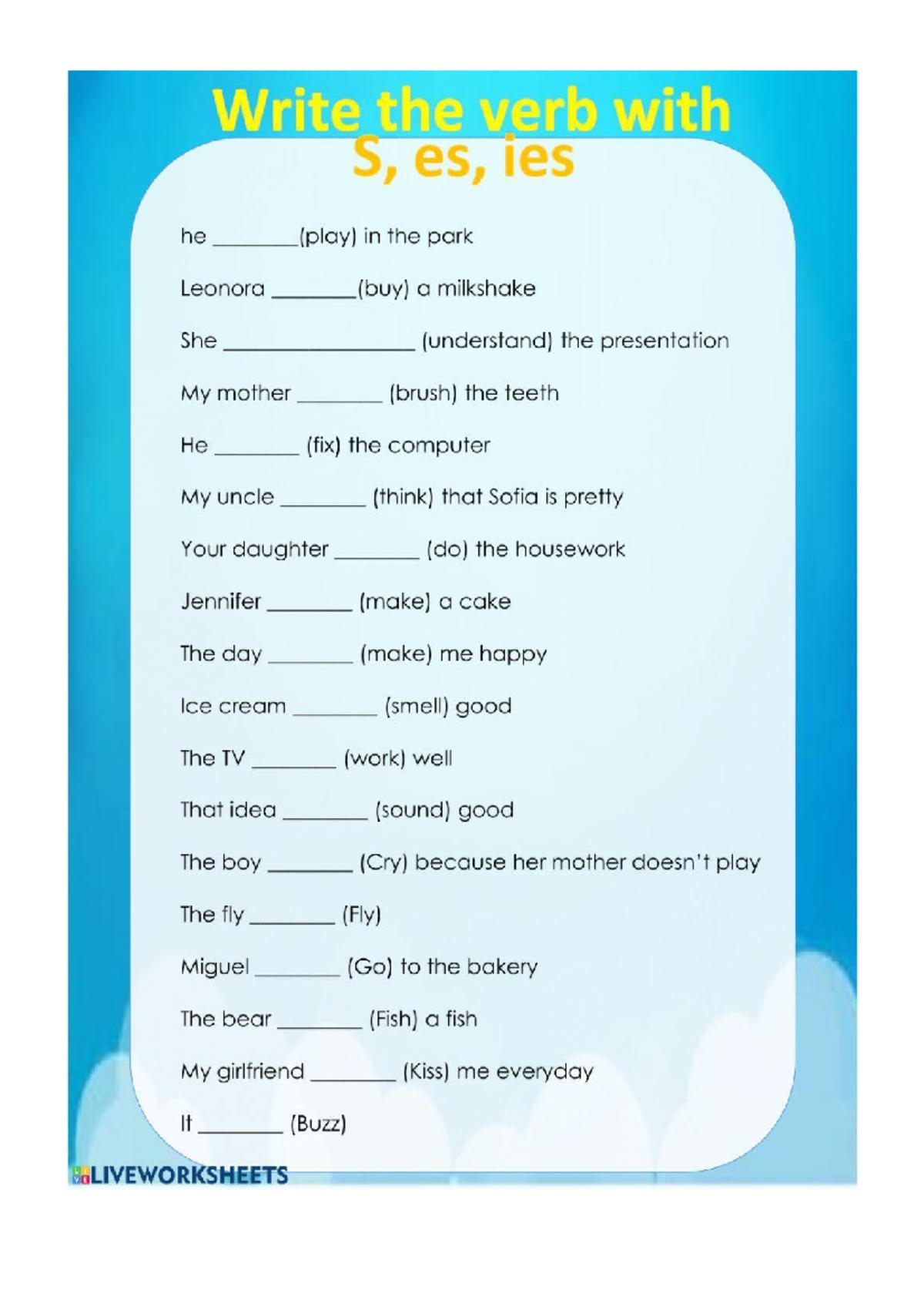 Worksheet 73912 - Verb Conjugation Exercises with S, es, ies - Studocu