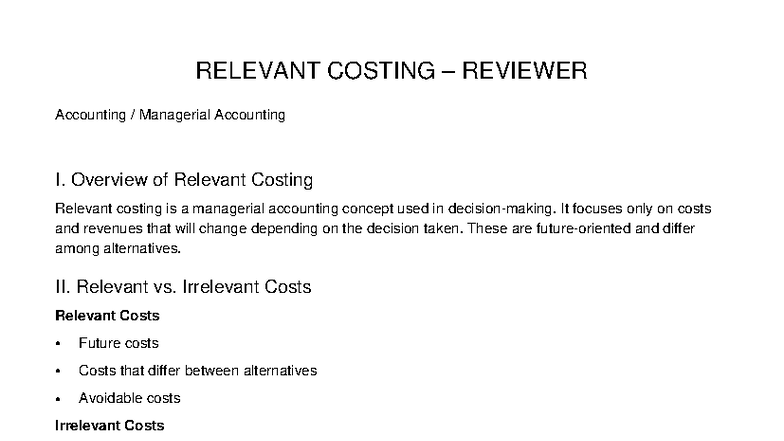 Relevant Costing Review: Managerial Accounting I Overview - Studocu