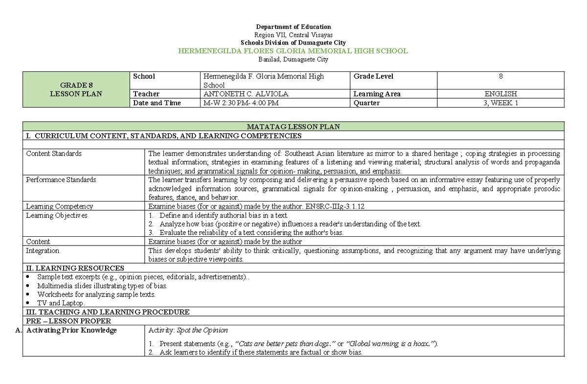 Matatag-LP-Grade 8-English Lesson Plan on Authorial Bias - Studocu