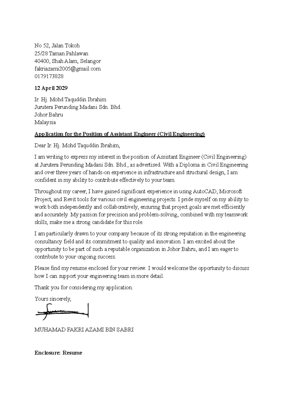 Cover Letter for Assistant Engineer Position - 2029 - Studocu