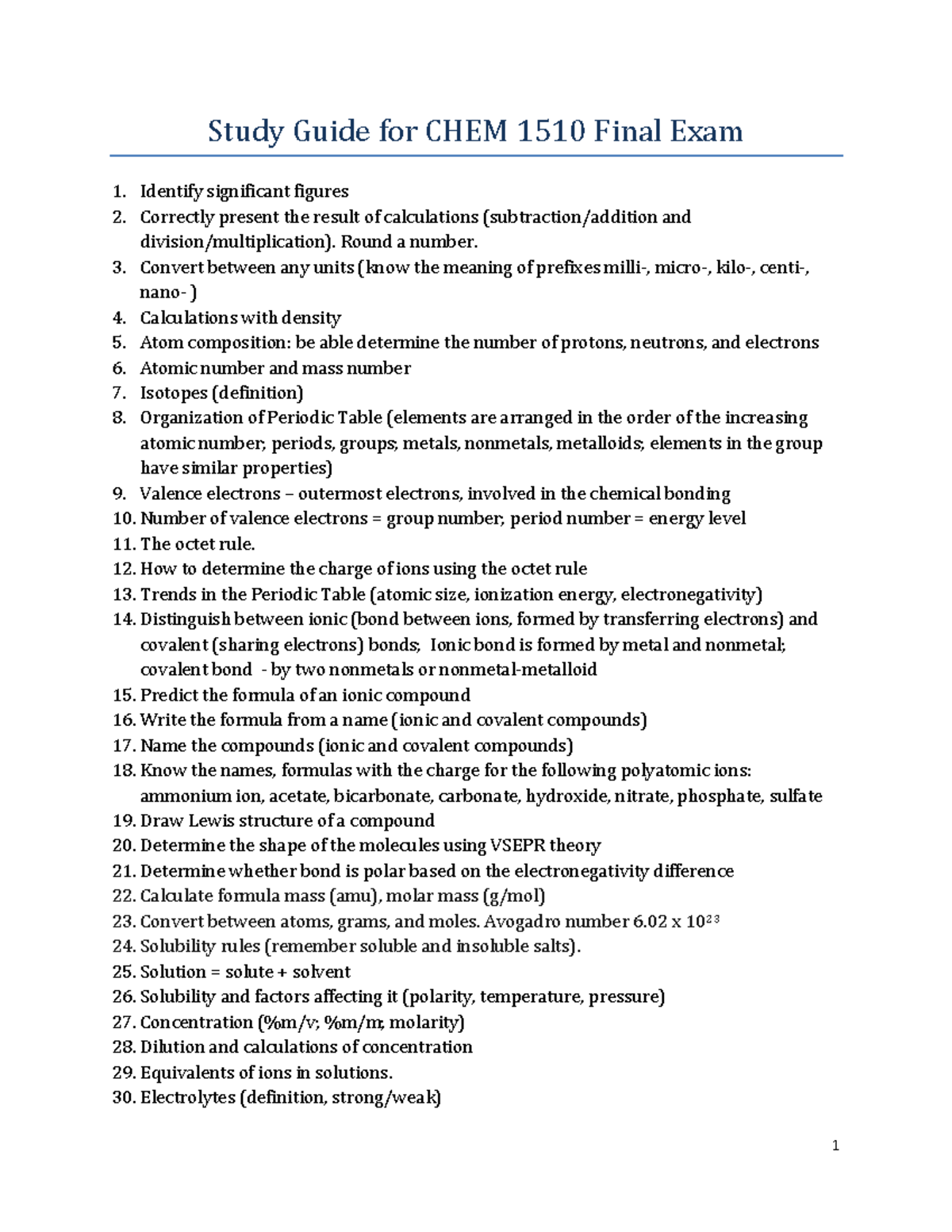 CHEM 1510 Final Exam Study Guide: Key Concepts & Calculations - Study ...