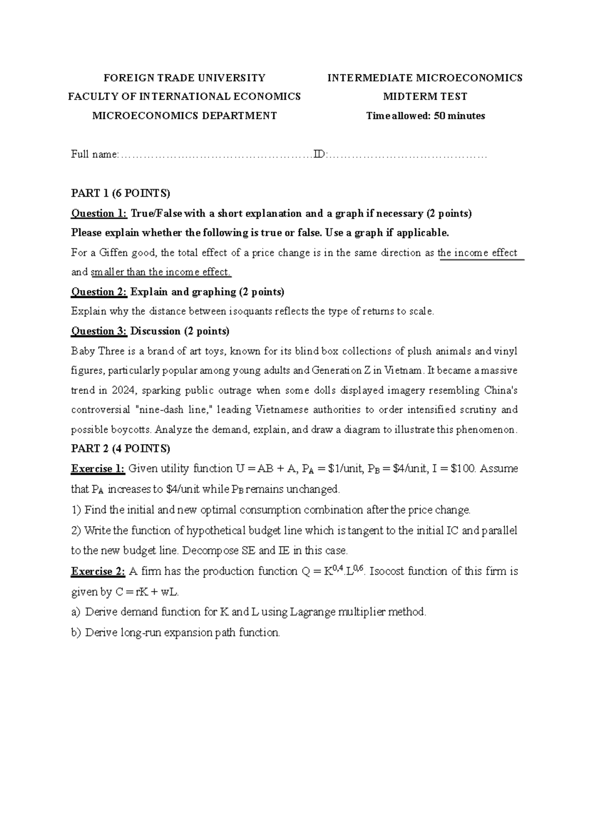 FOREIGN TRADE UNIVERSITY INTERMEDIATE MICROECONOMICS MIDTERM MOCK TEST ...
