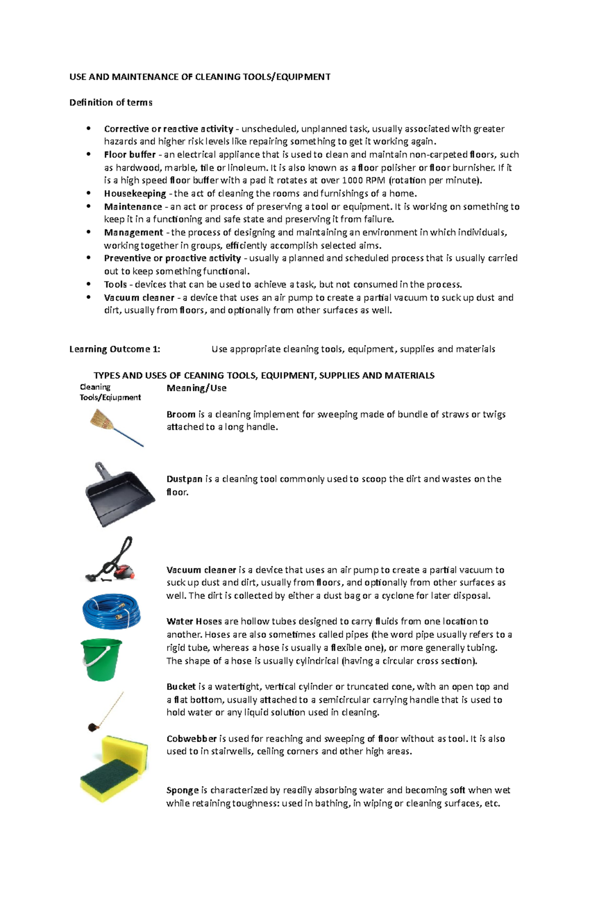Housekeeping Equipment Use & Maintenance Guide for Operations - Studocu