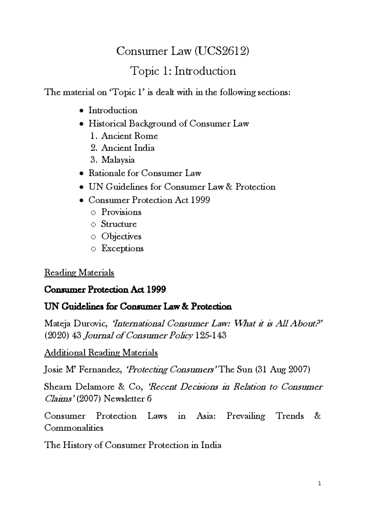 Topic 1 Introduction to Consumer Law - Consumer Law (UCS2612) Topic 1 ...