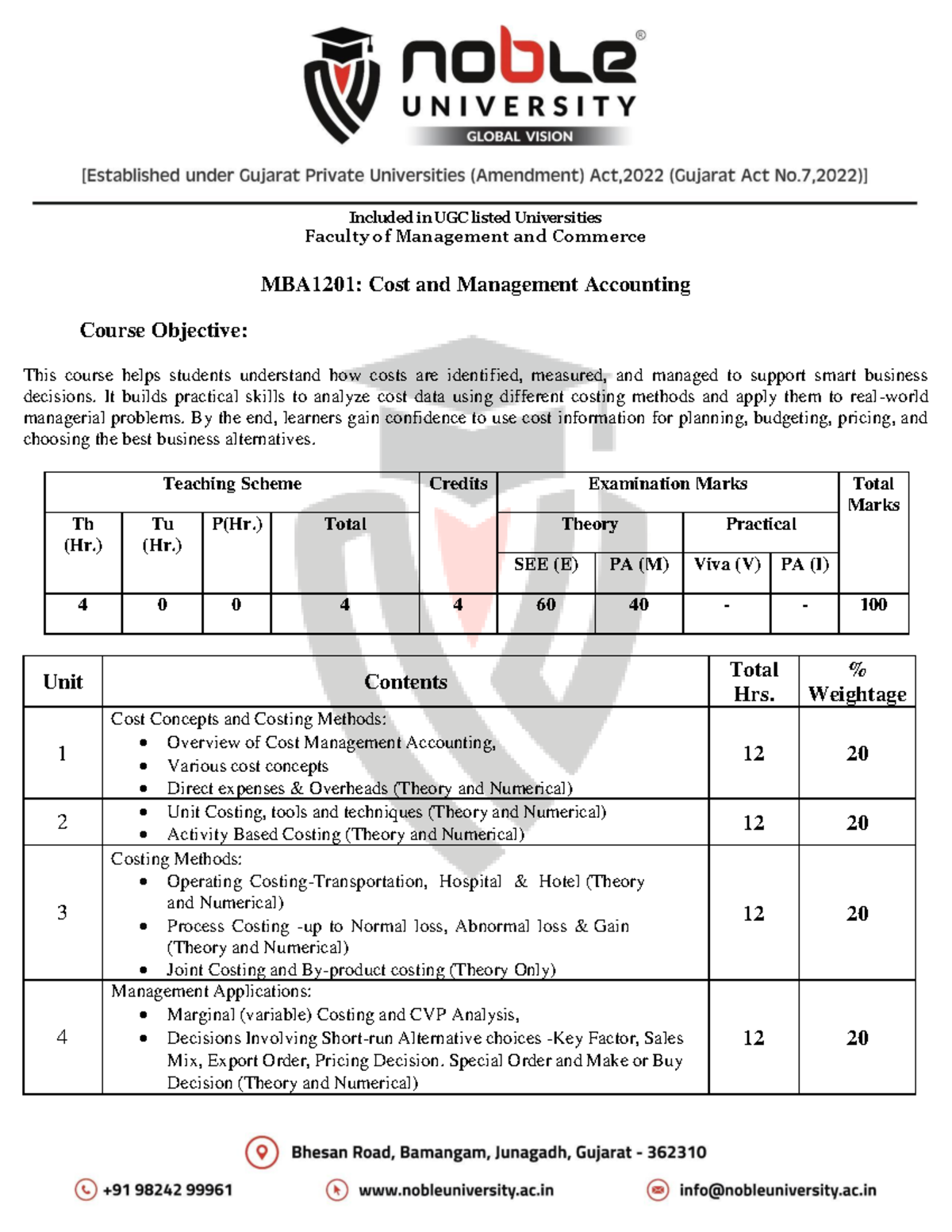 MBA1201: Cost and Management Accounting Course Overview and Objectives ...