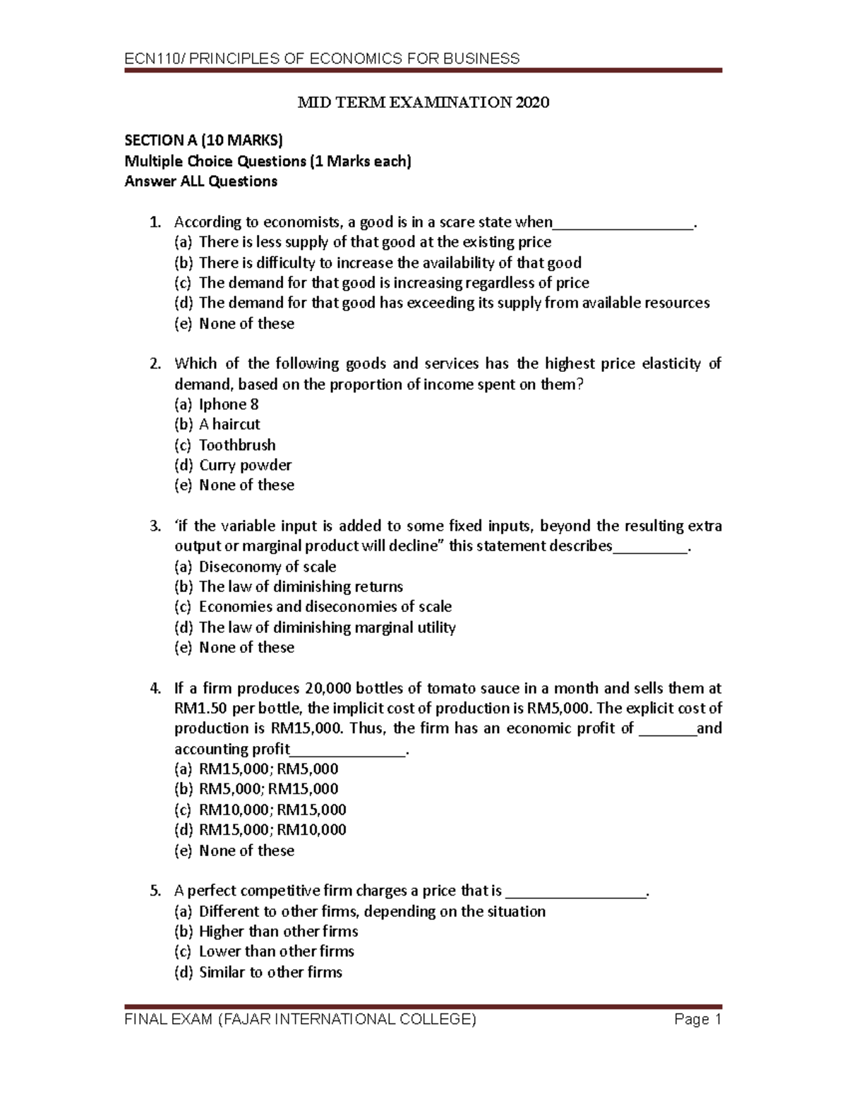 Midterm Exam Questions for ECN110: Principles of Economics 2020 - Studocu