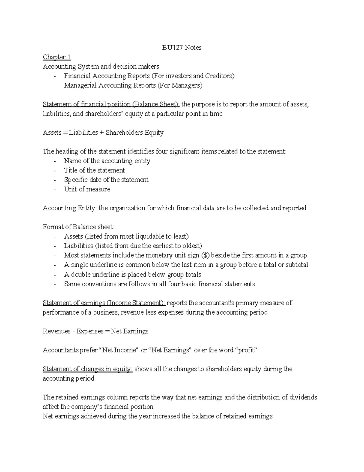 BU127 Notes: Chapter 1 - Accounting Systems & Financial Reports - Studocu