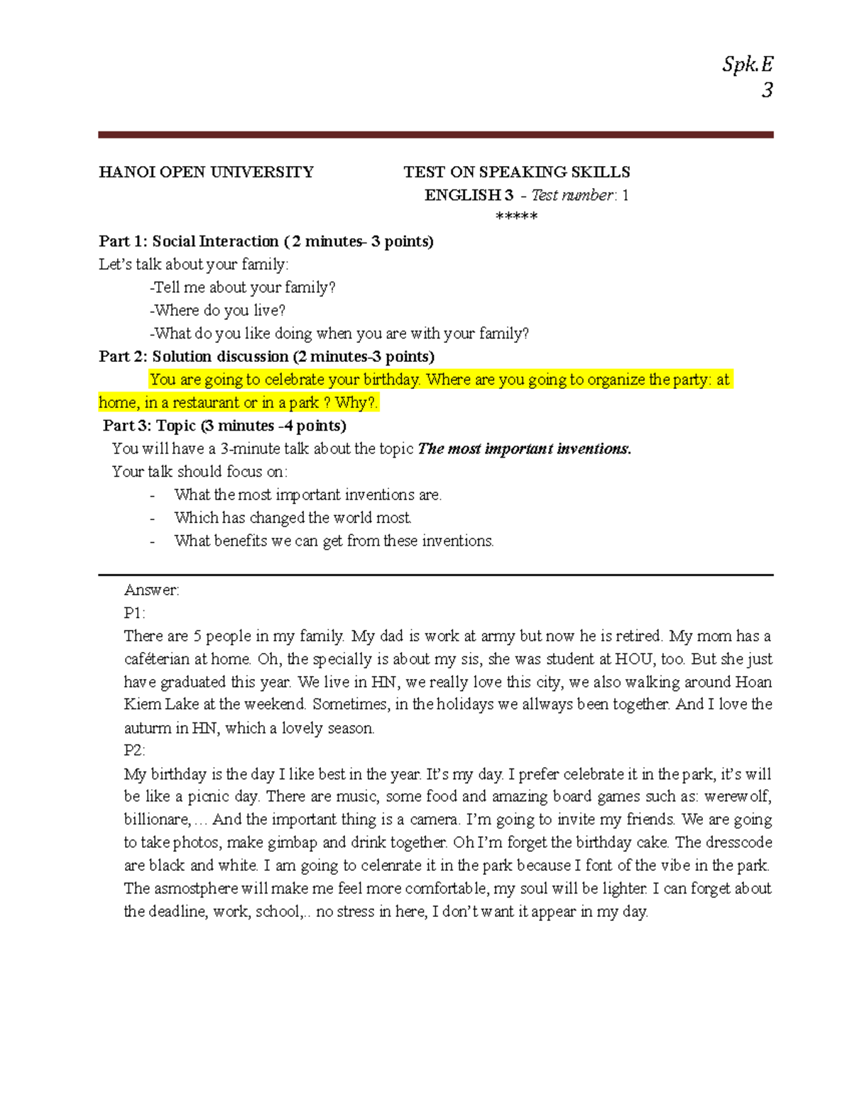 Anh 3 - speaking ta3 - 3 HANOI OPEN UNIVERSITY TEST ON SPEAKING SKILLS ...