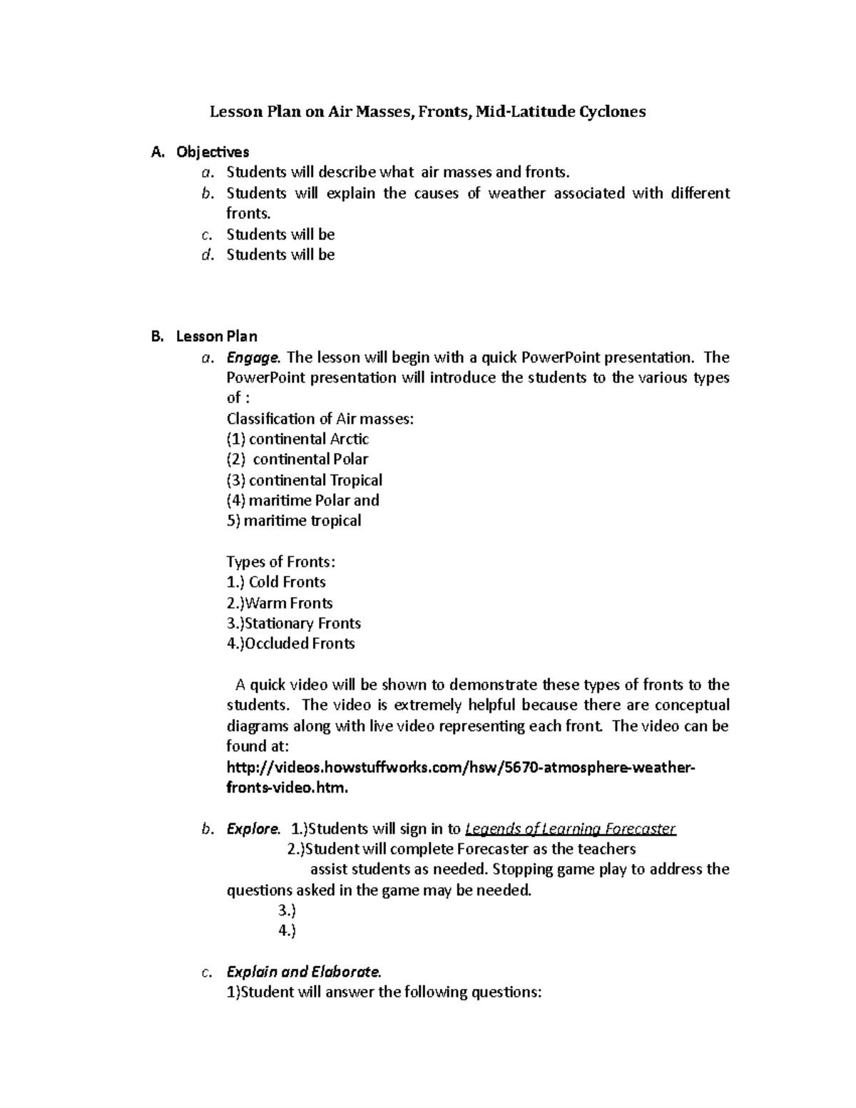 Lesson Plan: Air Masses & Fronts in Meteorology - Studocu