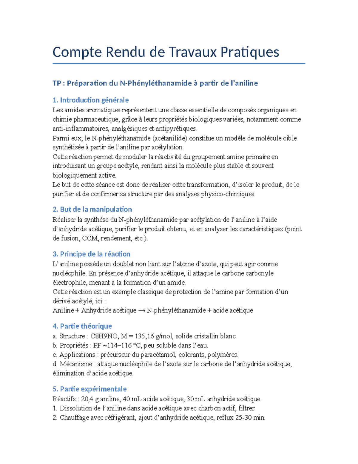 Compte Rendu N-Phenylethanamide - Compte Rendu de Travaux Pratiques TP ...