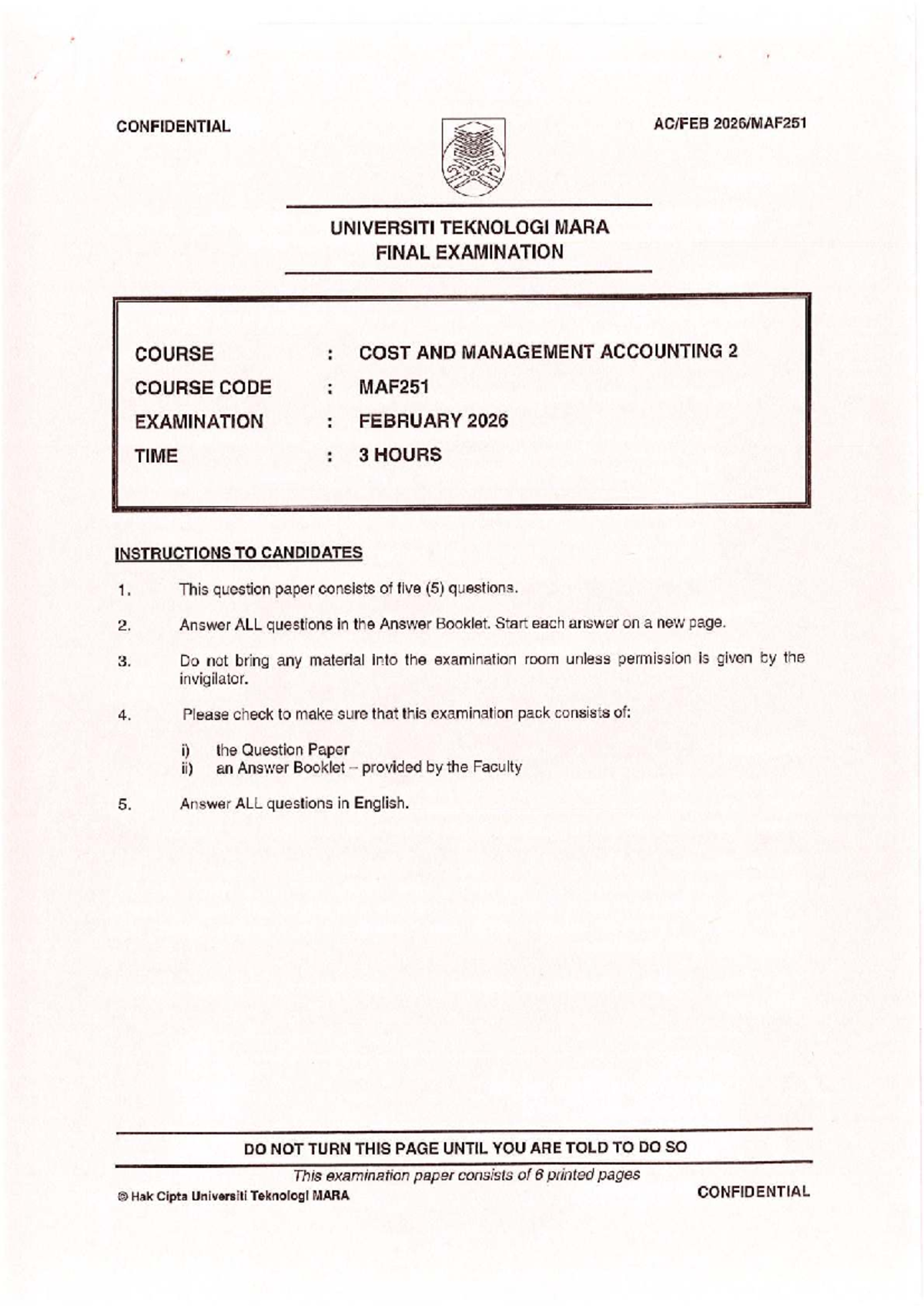 MAF251 Final Exam: Cost and Management Accounting 2 - February 2026 ...