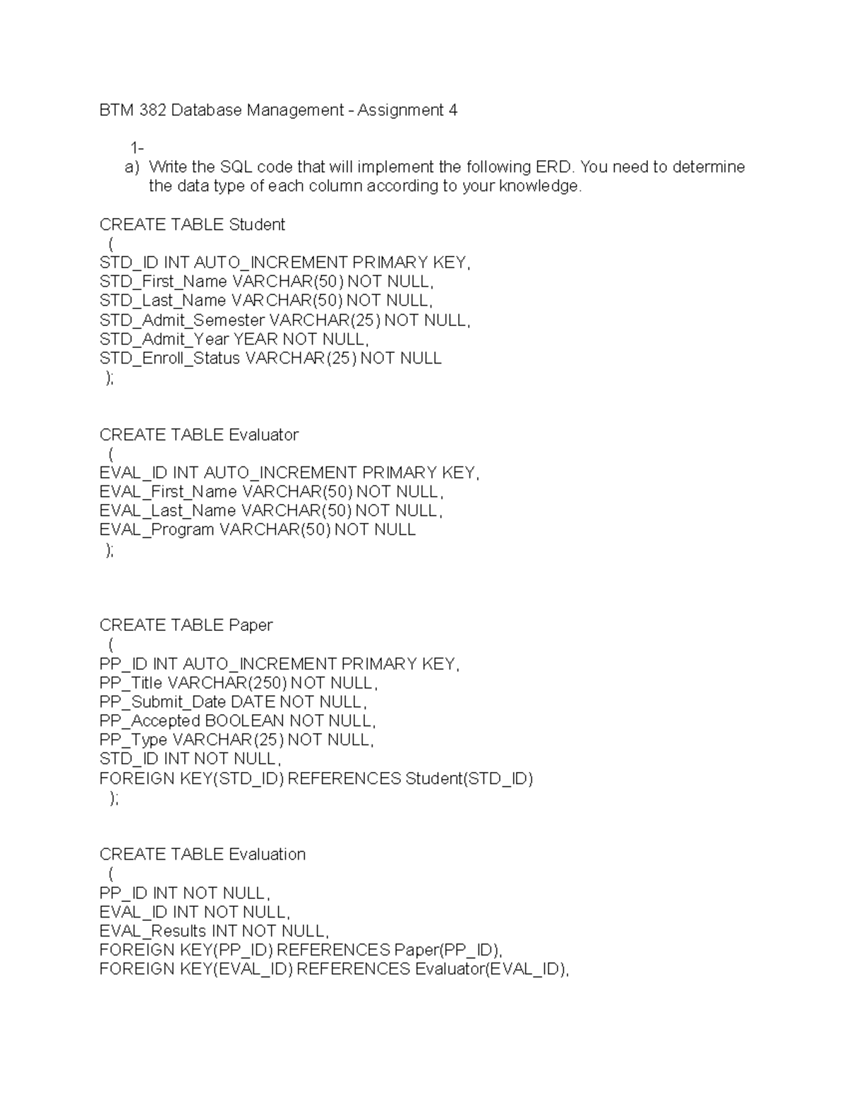 BTM 382 A4 - SQL Code Implementation for Database Management - Studocu