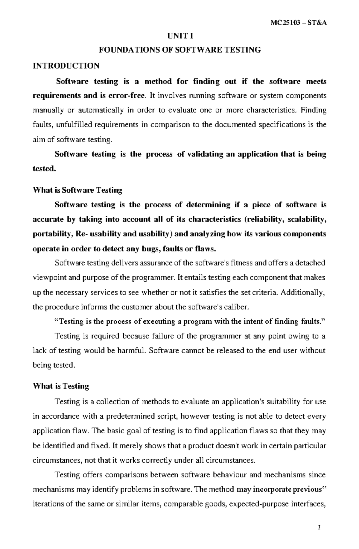 MC25103 UNIT I - Foundations of Software Testing Study Notes - Studocu