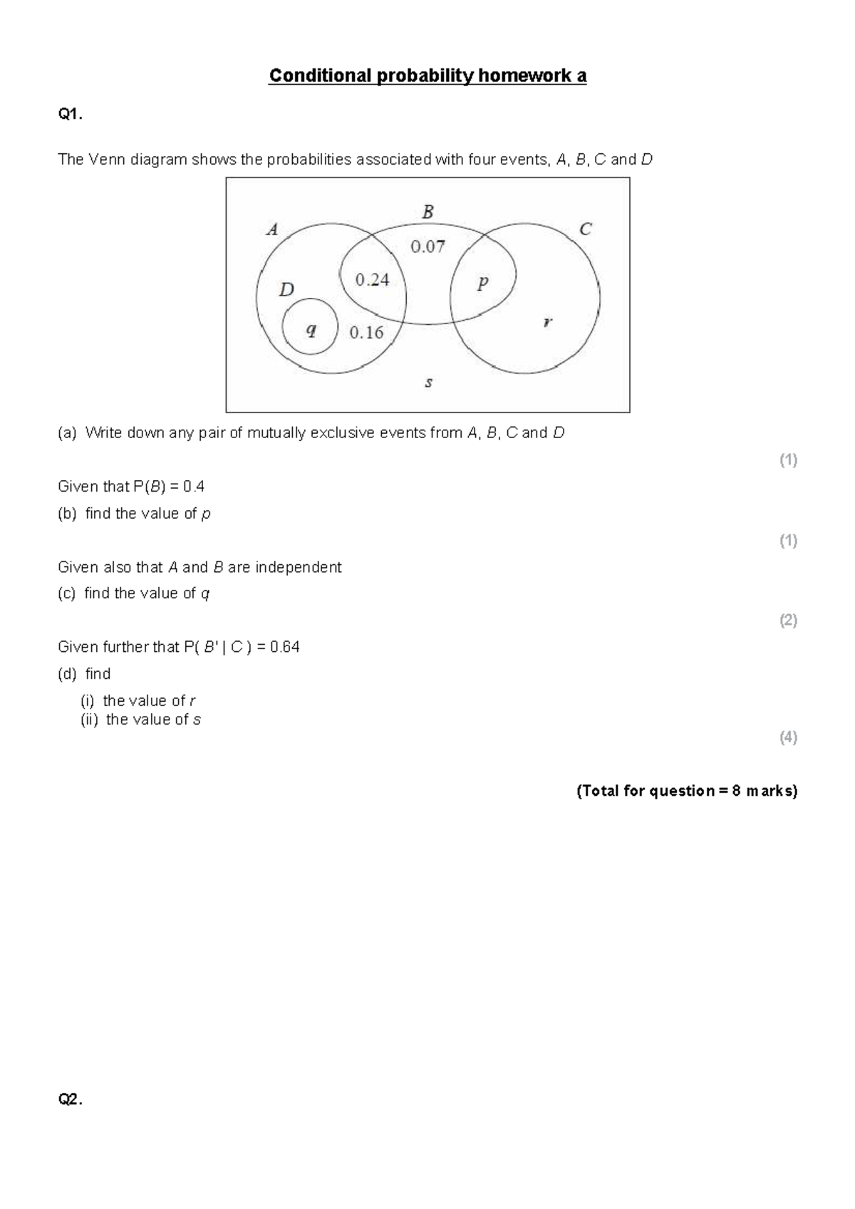 Conditional Probability HWK (Q1-Q3) Analysis and Solutions - Studocu