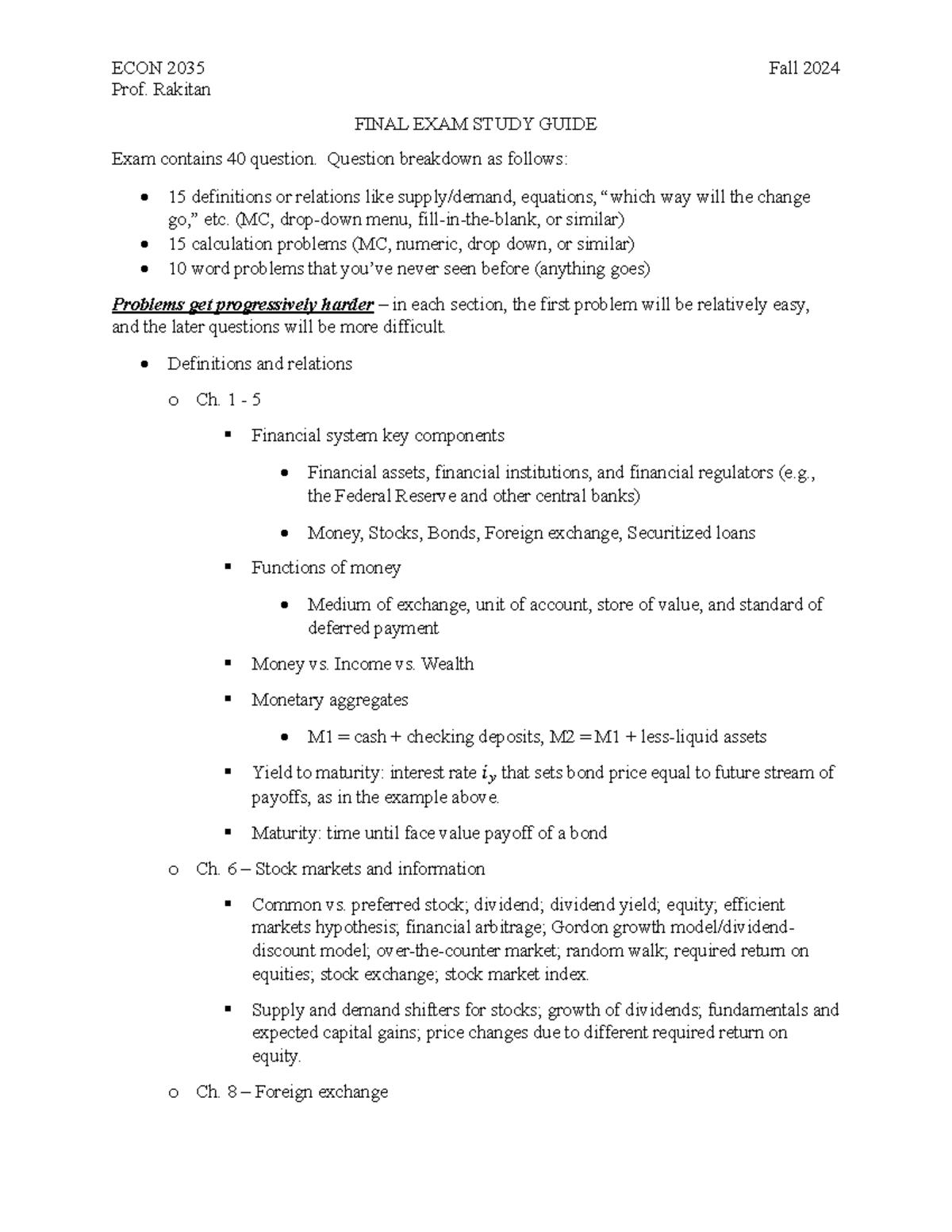 Final Exam Study Guide: Key Concepts in ECON 2035 - F2024 - Studocu