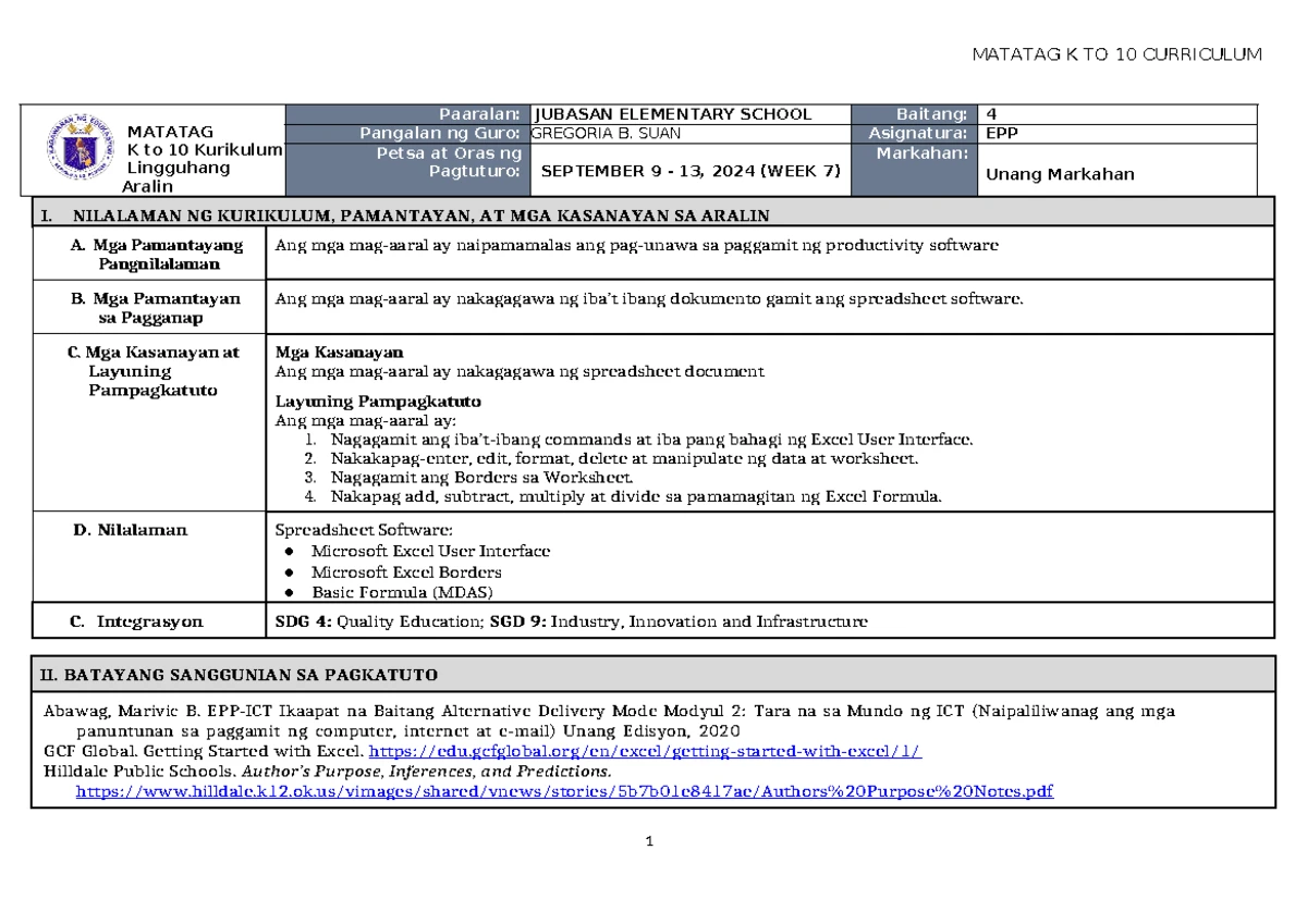 DLL Matatag PE & Health 4 Q1 Lesson Log (W7-8) - Week 7 Activities ...