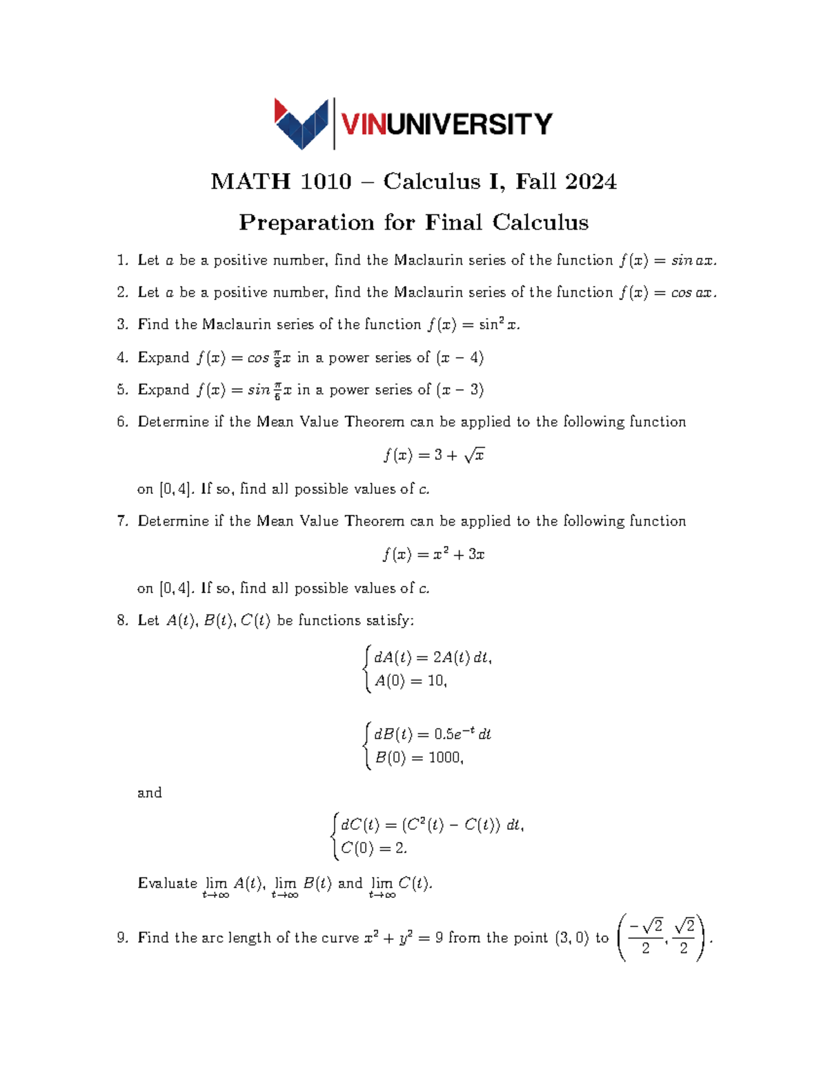 MATH 1010 Calculus I, Fall 2024 Final Exam Review Notes - Studocu