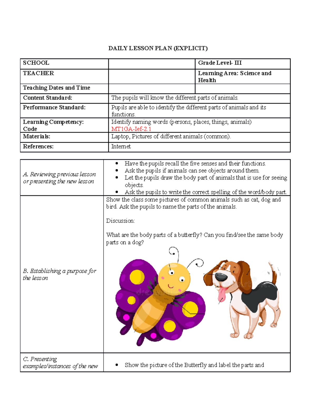 MTB Lesson Plan - DAILY LESSON PLAN (EXPLICIT) SCHOOL Grade Level- III ...