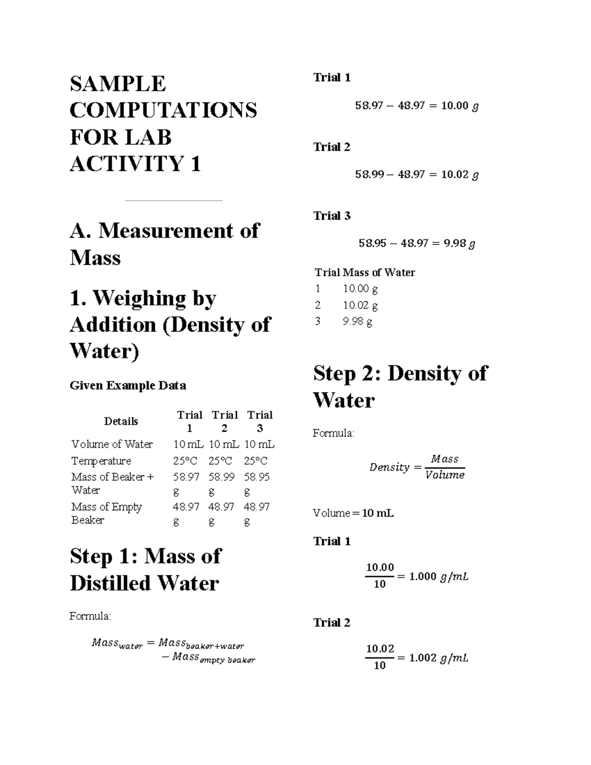 Sample Computations for Lab Activity 1: Mass and Volume Measurements ...