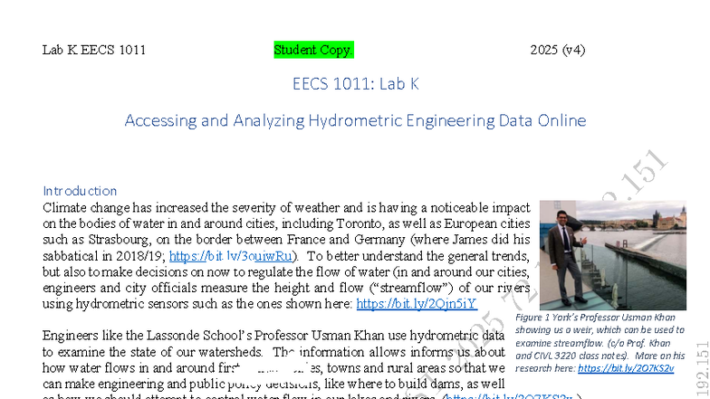 Lab K EECS 1011: Analyzing Hydrometric Data with MATLAB 2025 - Studocu