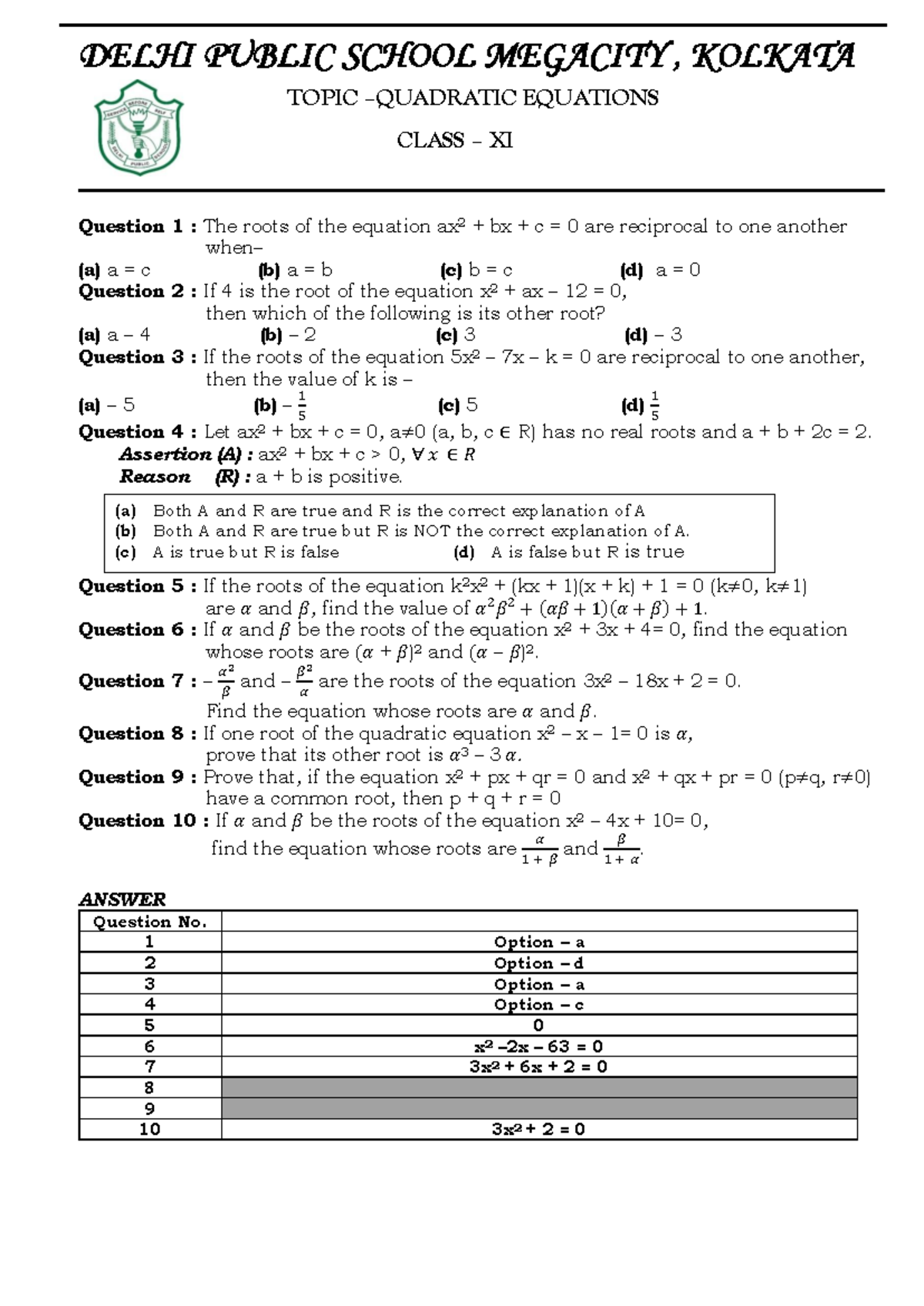 Class XI Pure Math: Quadratic Equations Study Notes - Studocu