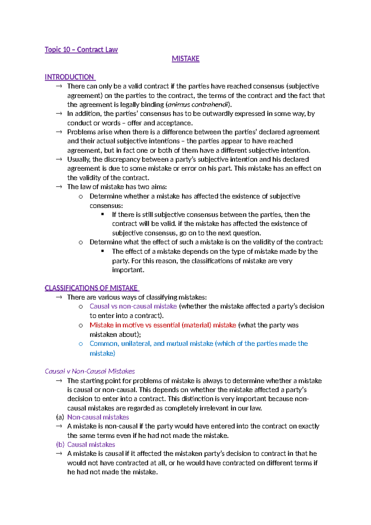 Contract Chap 10 - lecture notes - Topic 10 – Contract Law MISTAKE ...