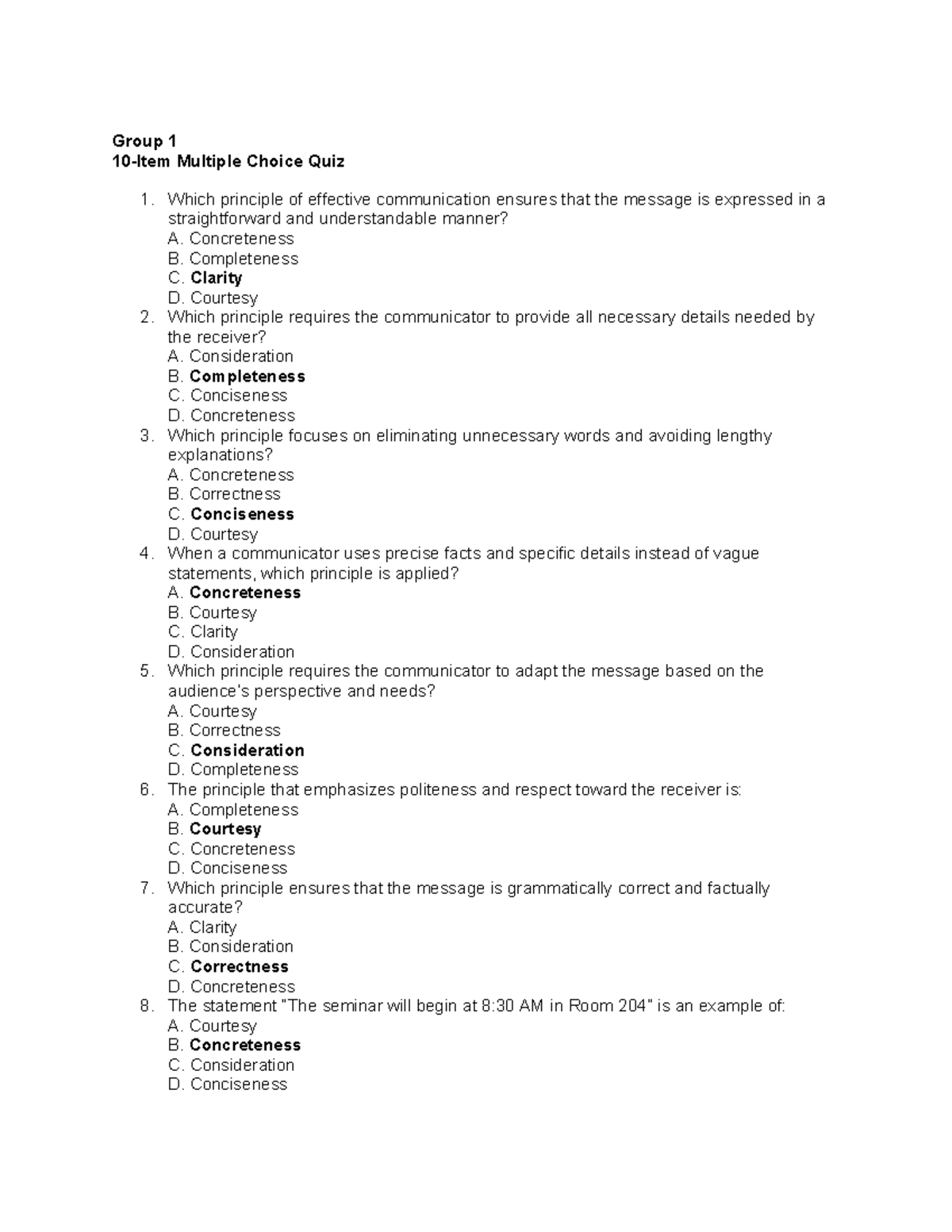 Pur Comm Group Quiz 1: Principles of Effective Communication - Studocu