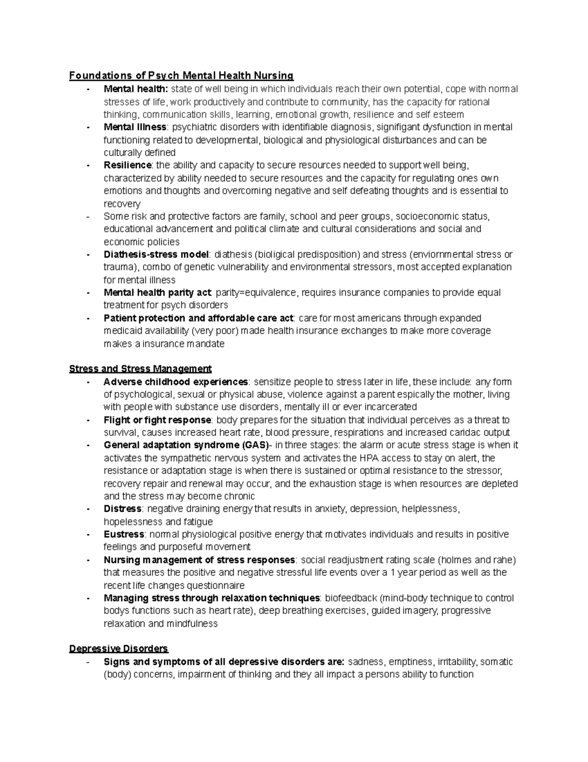 Foundations of Psych Mental Health Nursing: Comprehensive Exam Notes ...