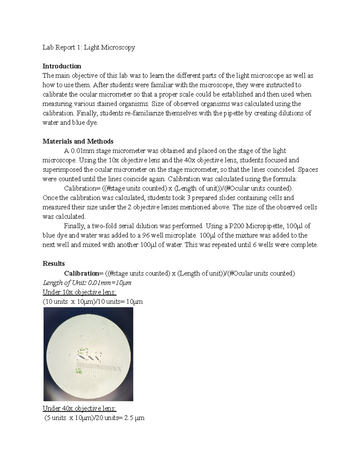 Lab Report 1: Light Microscopy and Calibration Techniques - Studocu