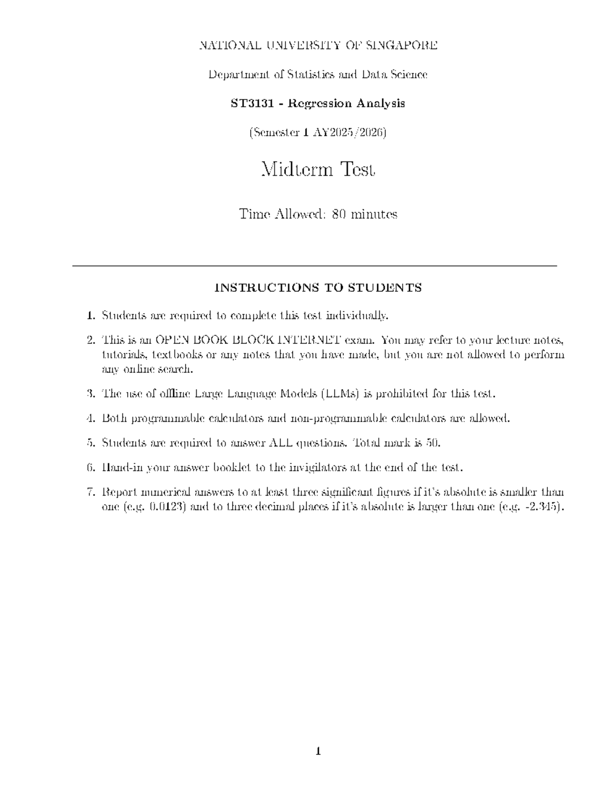 ST3131 Regression Analysis - Semester 1 Midterm Test Guide - Studocu