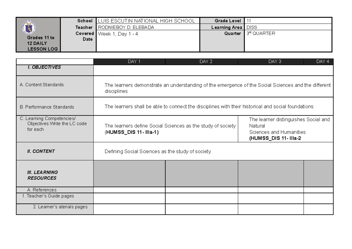 DISS Grade 11-12 Daily Lesson Log: Understanding Social Sciences - Studocu