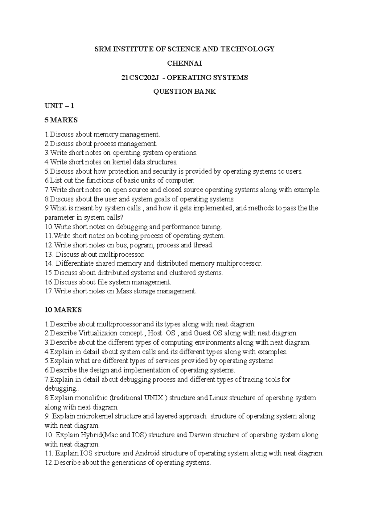 SRM 21CSC202J Operating Systems Question Bank - Unit 1 Notes - Studocu