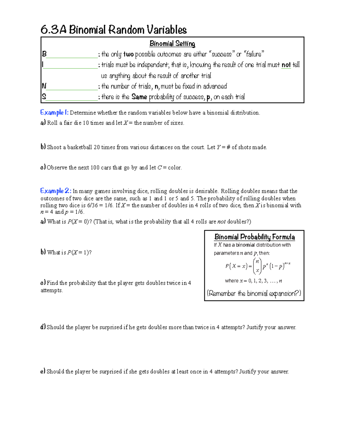 06 3AB Notes - AP Statistics: Binomial Random Variables and ...