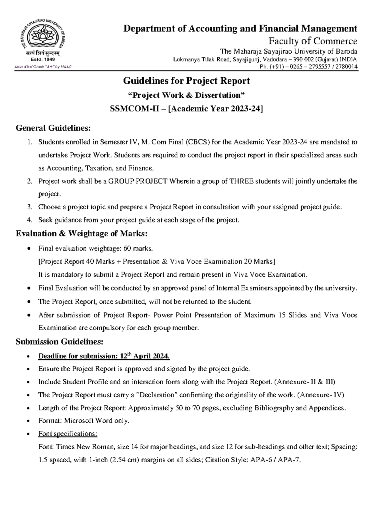 MCOM Project Report Guidelines for 2023-24: Essential Instructions ...