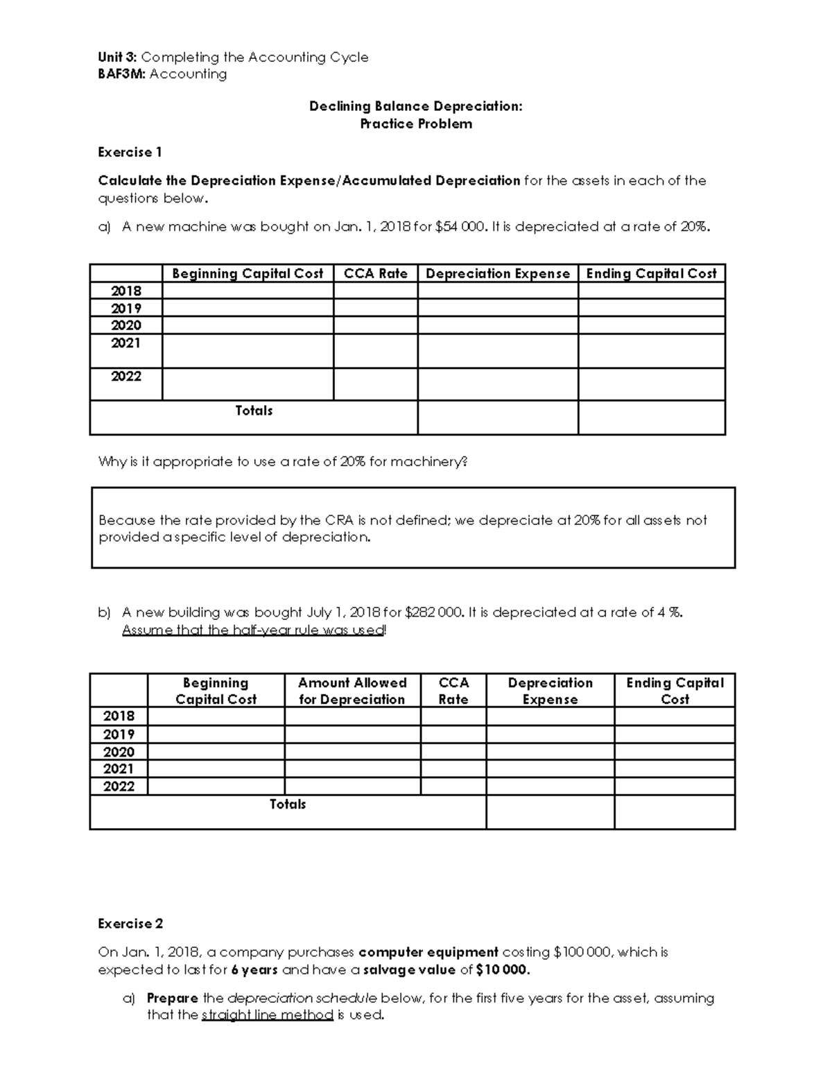 Practice Problems - Declining Balance Method - BAF3M: Accounting ...