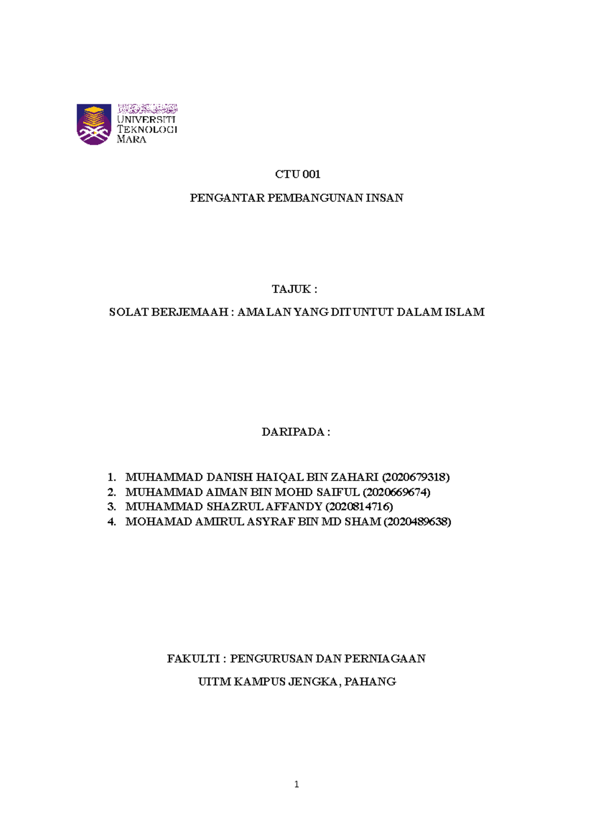 CTU 001 Final Assignment: Solat Berjemaah dalam Islam - Studocu