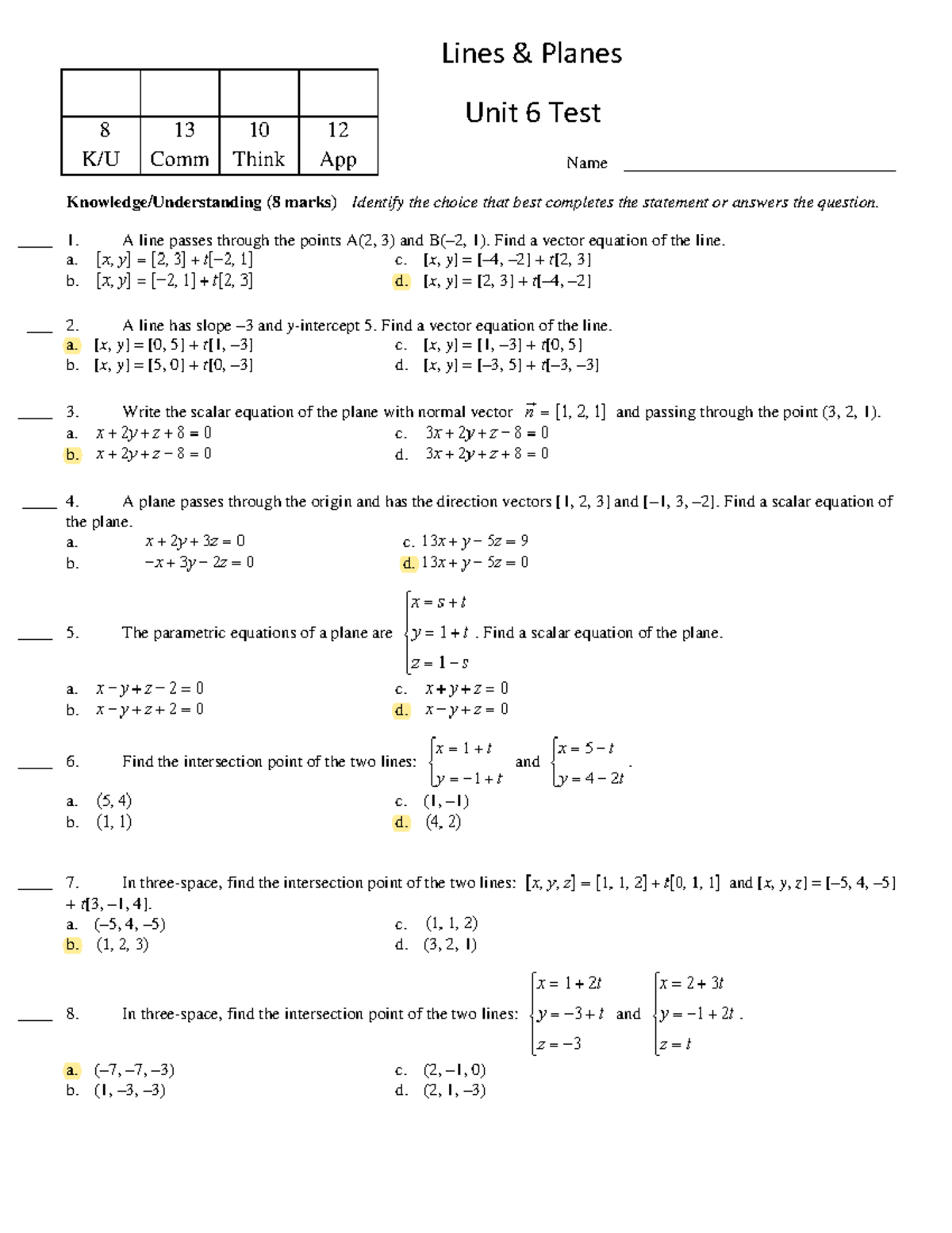 Unit 6 Test Solutions - Geometry & Planes - Bfnfndn - Studocu