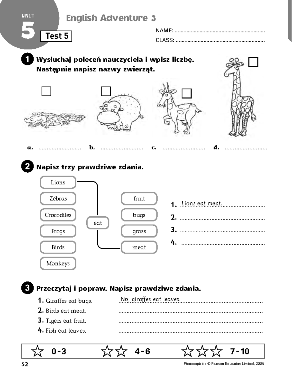 English adventure 3 unit test 5 - 0 – 3 4 – 67 – 10 52 Photocopiable