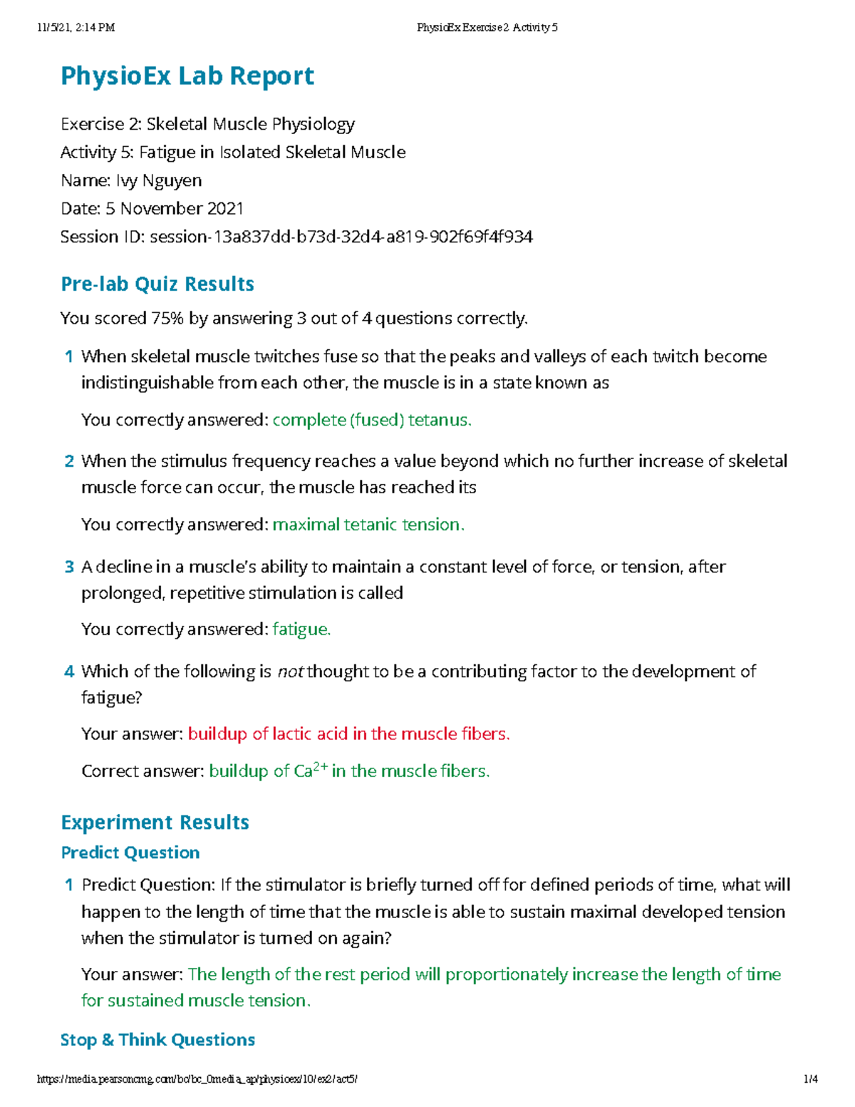 Physio Ex (BIOL 301) Lab Report on Skeletal Muscle Fatigue Activities ...