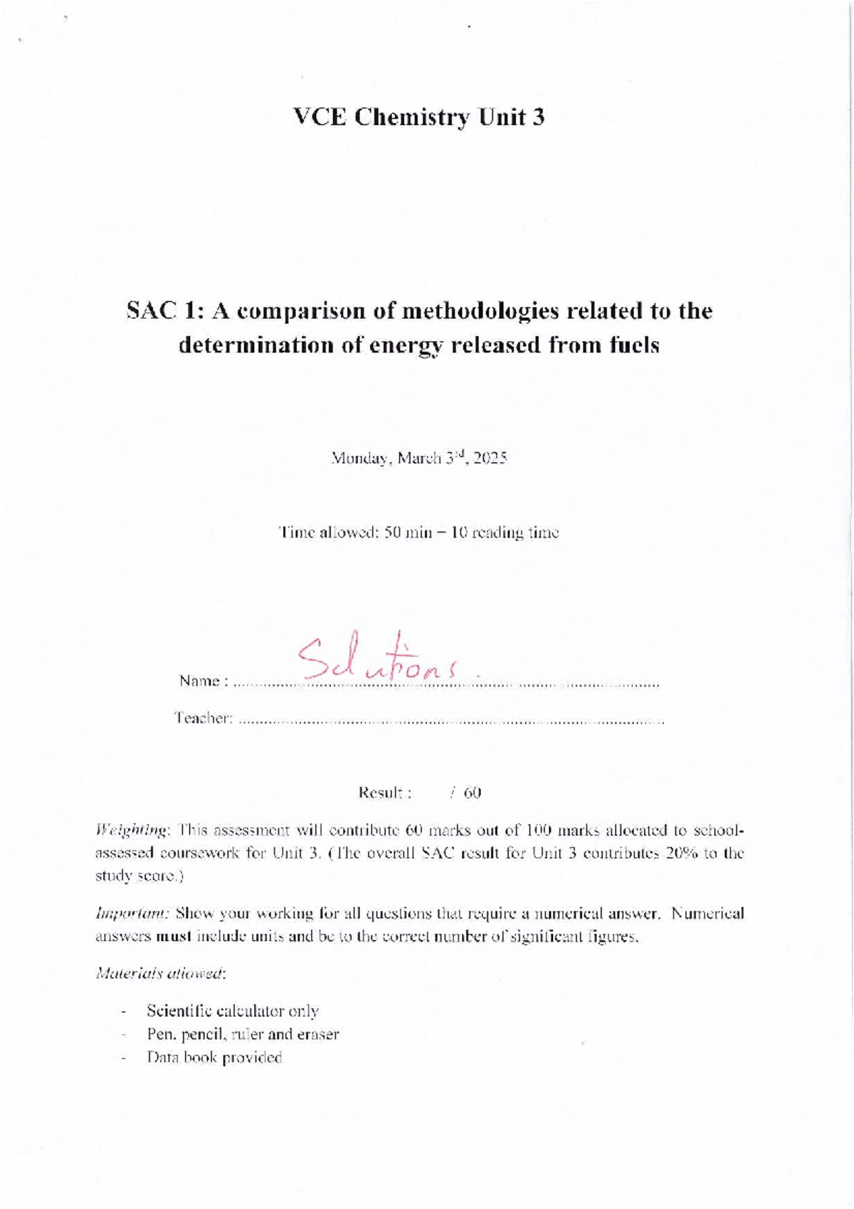 VCE Chemistry Unit 3 SAC 1: Energy Release from Fuels Analysis - Studocu