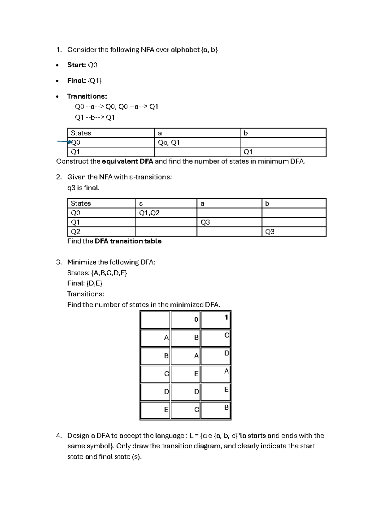 Practice Questions - NFA to DFA Conversion & Minimization - Studocu
