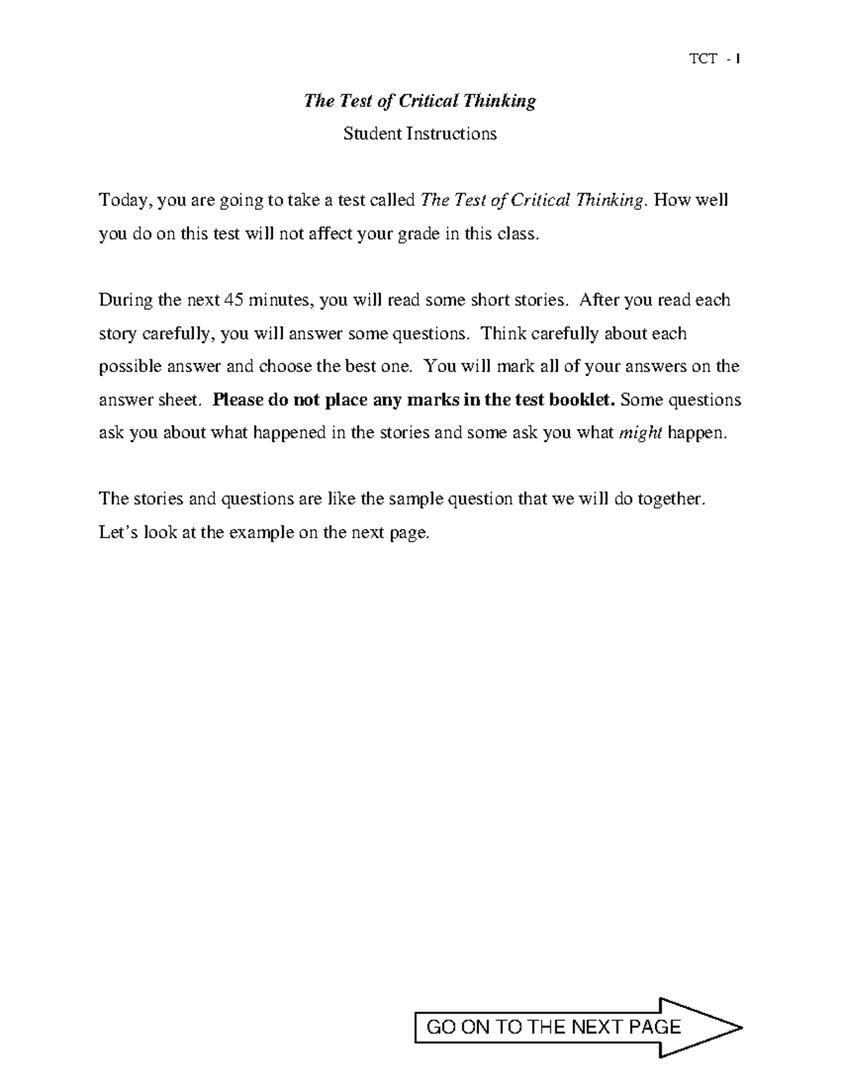 TCT 1 Test of Critical Thinking: Student Instructions & Sample ...