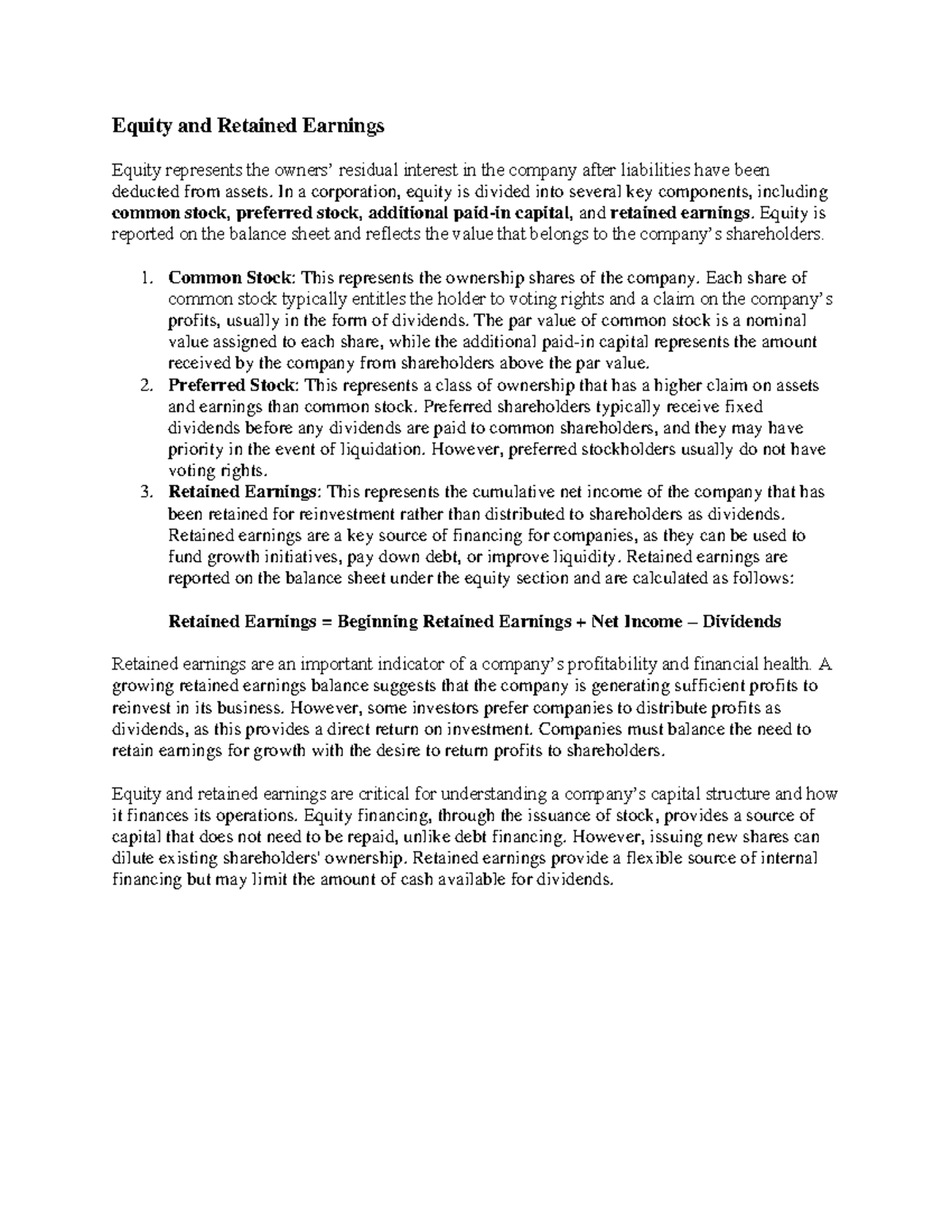 Equity and Retained Earnings Overview for Financial Analysis - Studocu