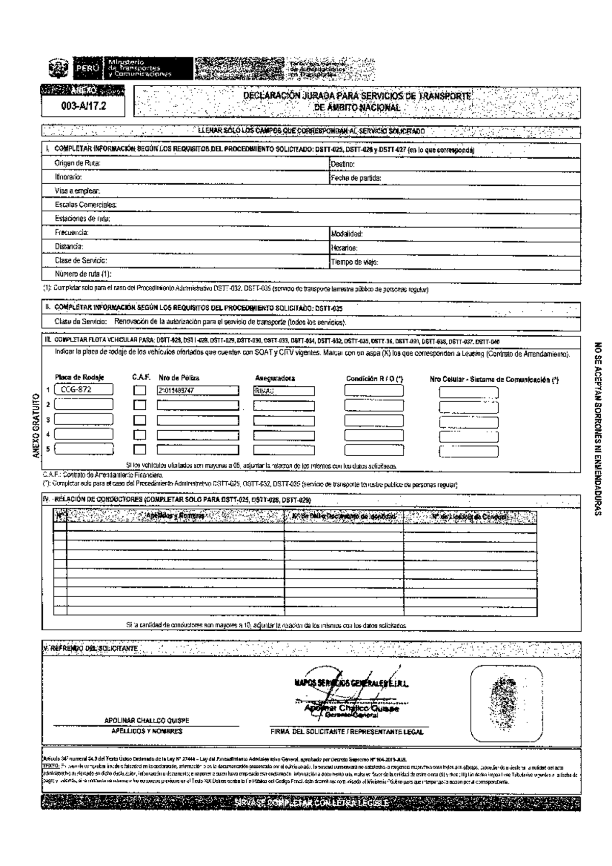 Formulario de Declaración Jurada para Servicios de Transporte MTC PERÚ ...