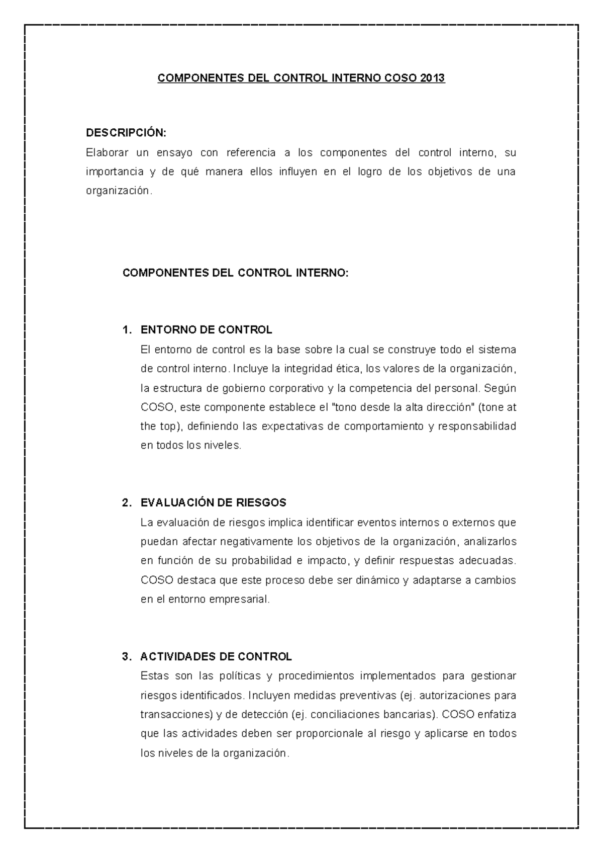 Ensayo sobre Componentes del Control Interno según COSO 2013 - Studocu