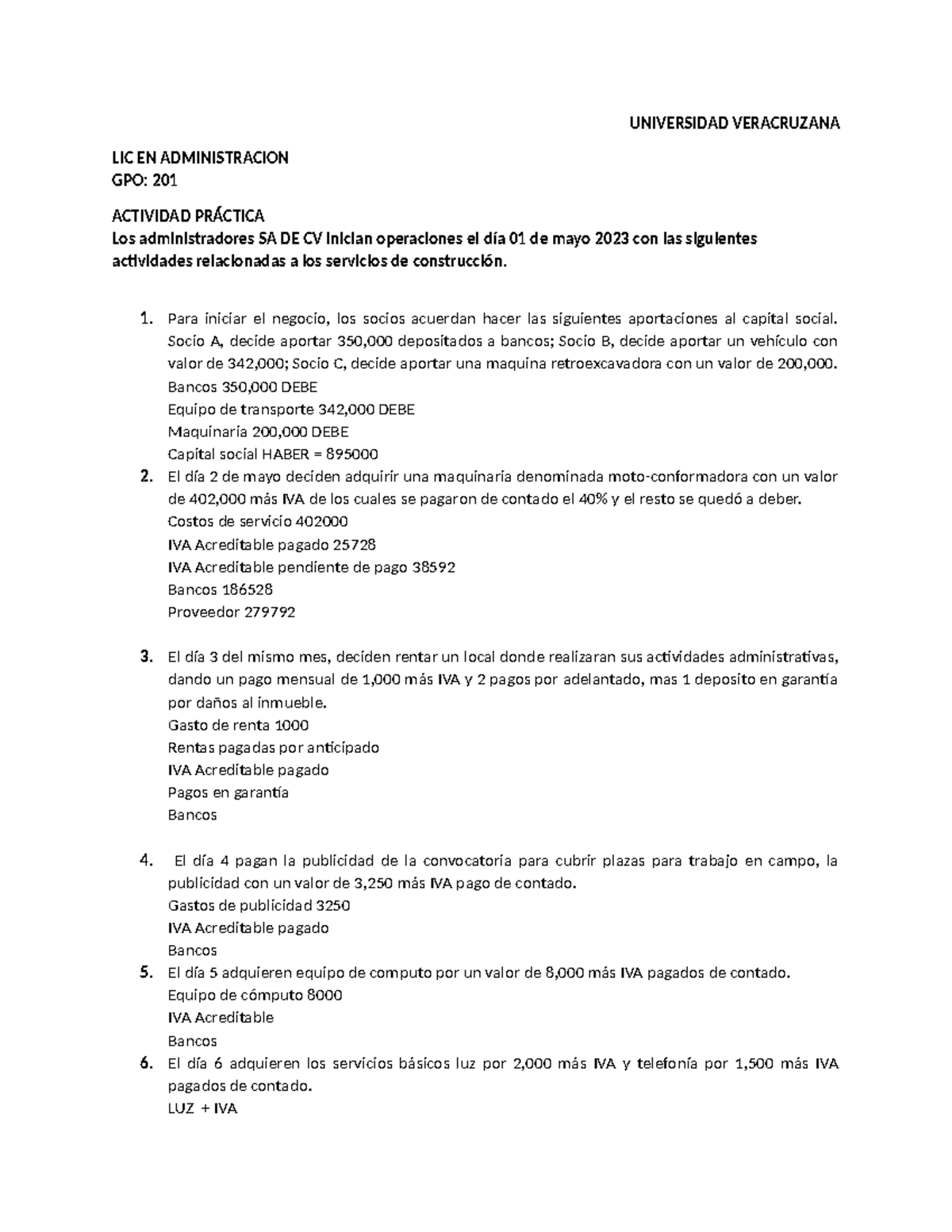 Prácticas Contables 2 - Ejercicios de contabilidad y operaciones - Studocu