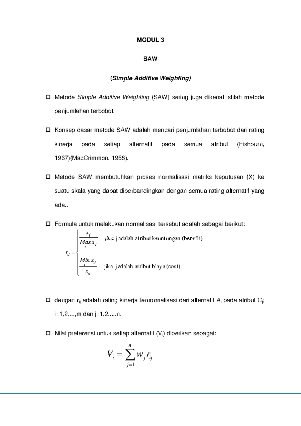 Modul 3: Metode SAW (Simple Additive Weighting) untuk Keputusan - Studocu