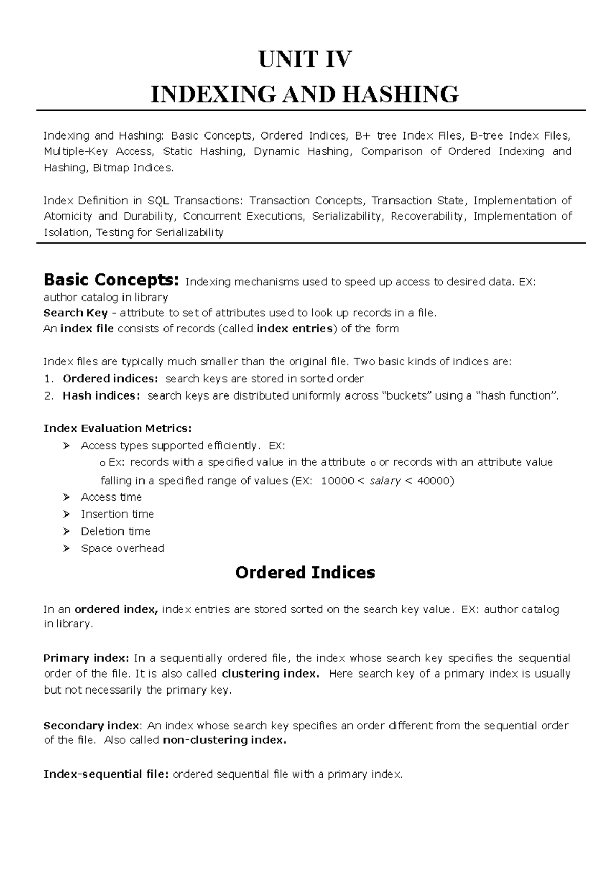 DBMS ENGR 101 UNIT IV: Indexing and Hashing Concepts and Techniques ...